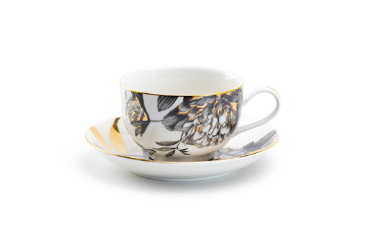 Grace Teaware Black Gold Peony Fine Porcelain Tea Cup and Saucer