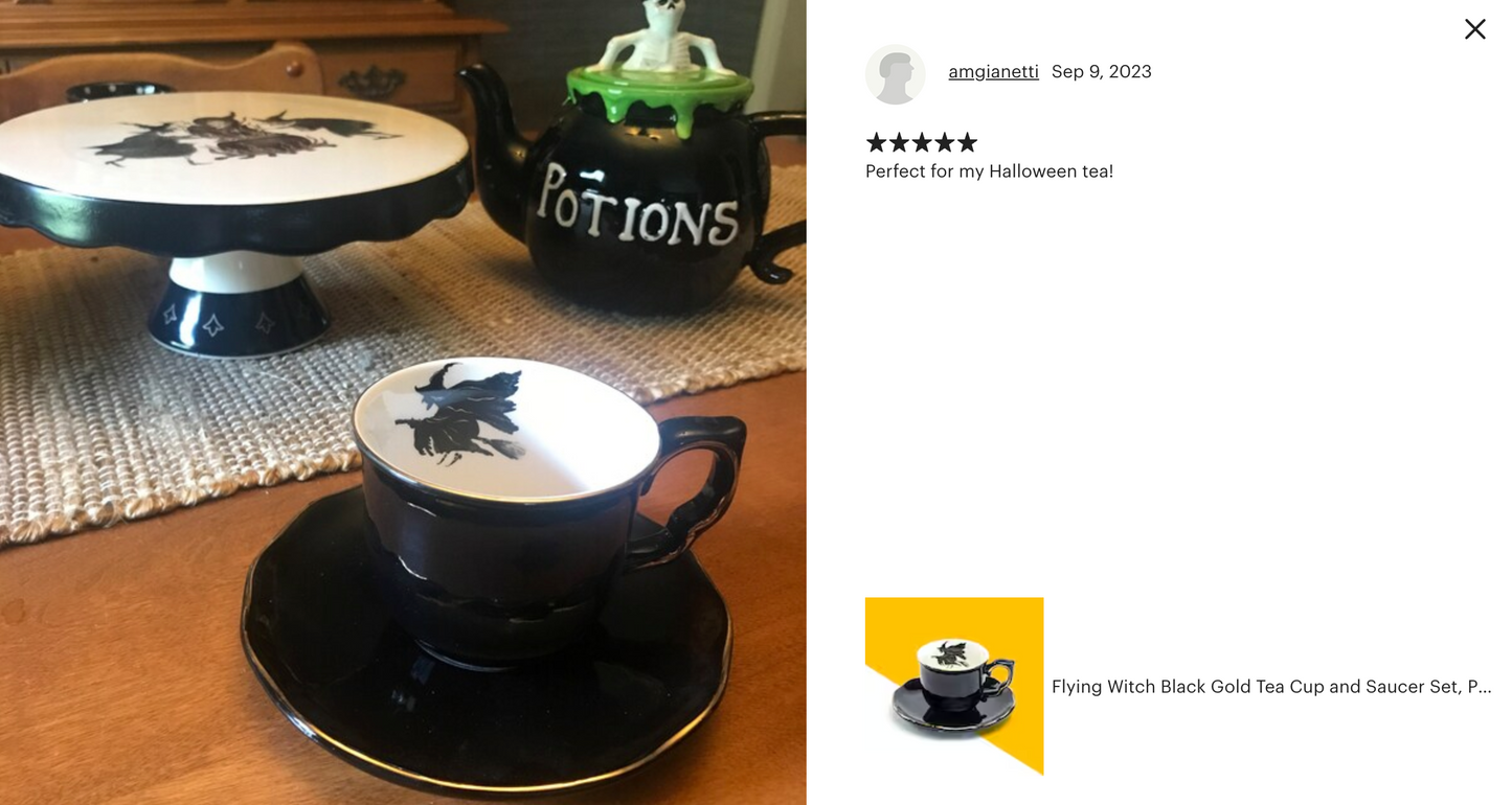 Flying Witch Black Gold Tea Cup and Saucer