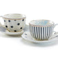 Dark Gray Stripes and Dots with Blue Toile Fine Porcelain Cup and Saucer Set of 2
