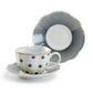 Dark Gray Stripes and Dots with Blue Toile Fine Porcelain Cup and Saucer Set of 2