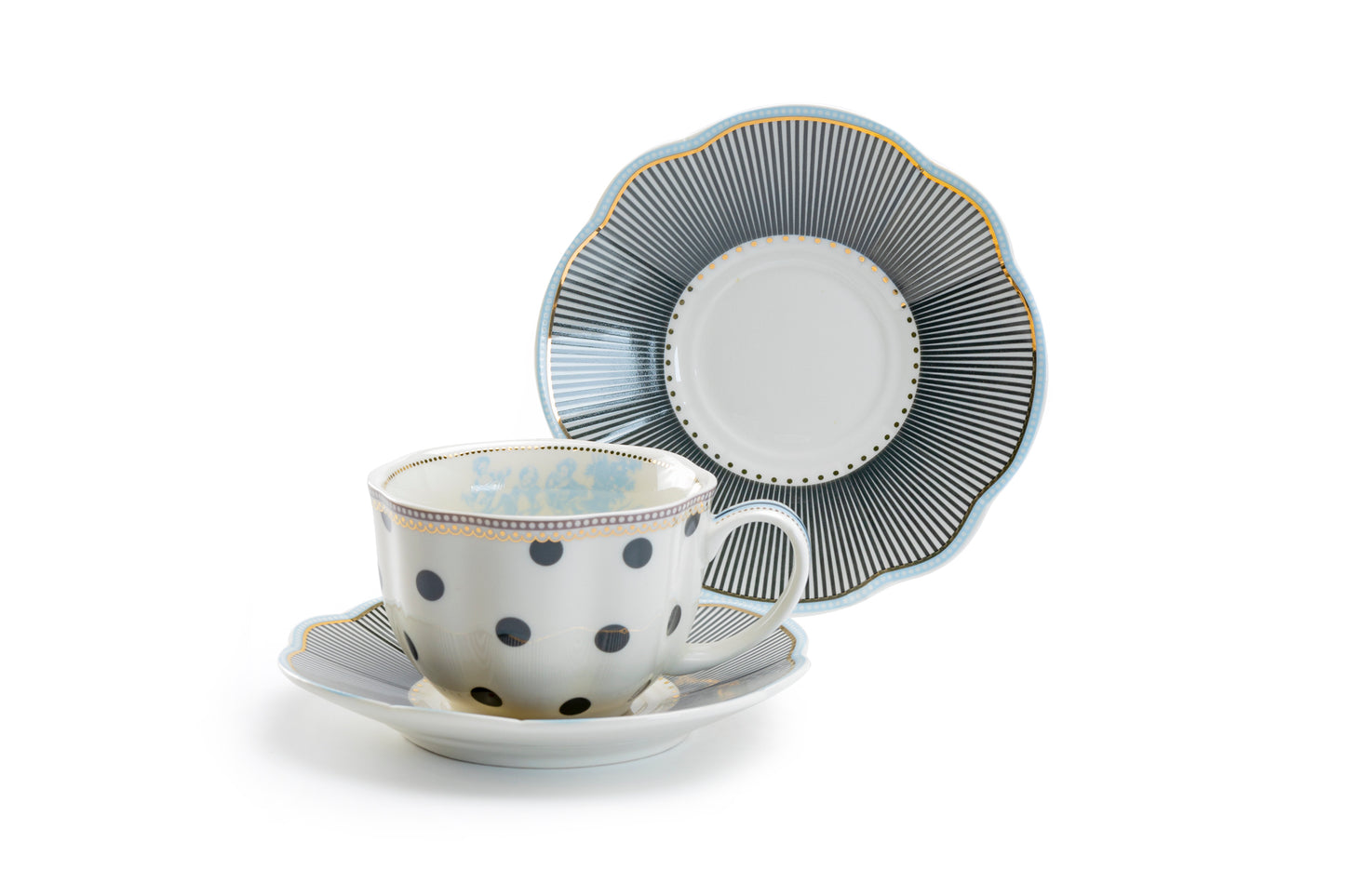 Dark Gray Stripes and Dots with Blue Toile Fine Porcelain Cup and Saucer Set of 2