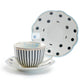 Dark Gray Stripes and Dots with Blue Toile Fine Porcelain Cup and Saucer Set of 2