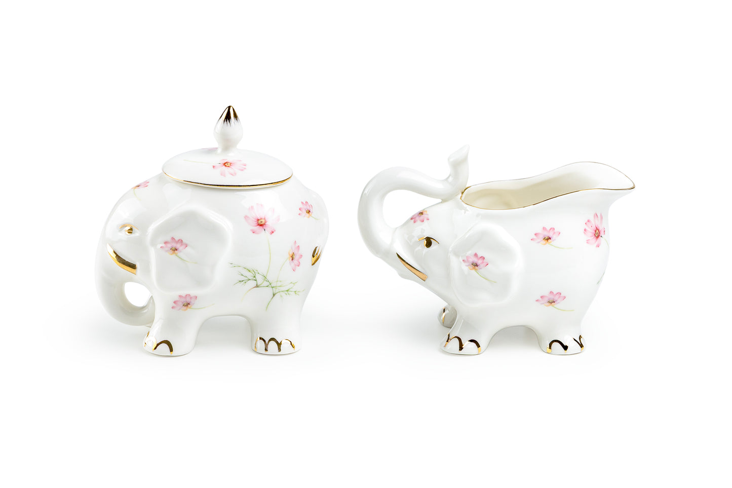Pink Flower Elephant Fine Porcelain Sugar & Creamer Set