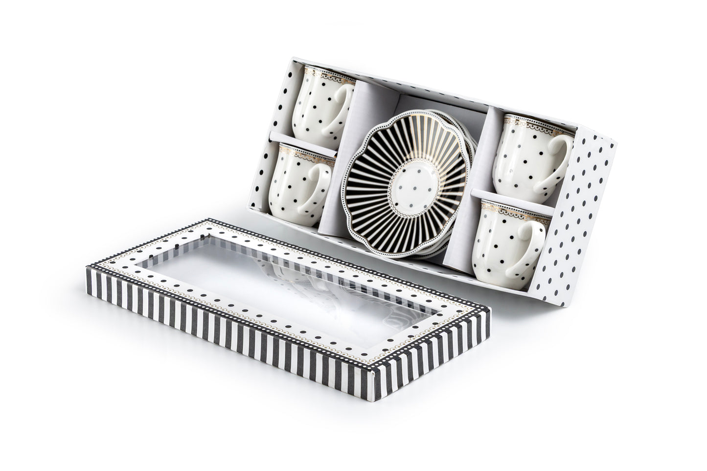 Gift Boxed Black Josephine Stripes and Dots 3oz Espresso Cups and Saucers