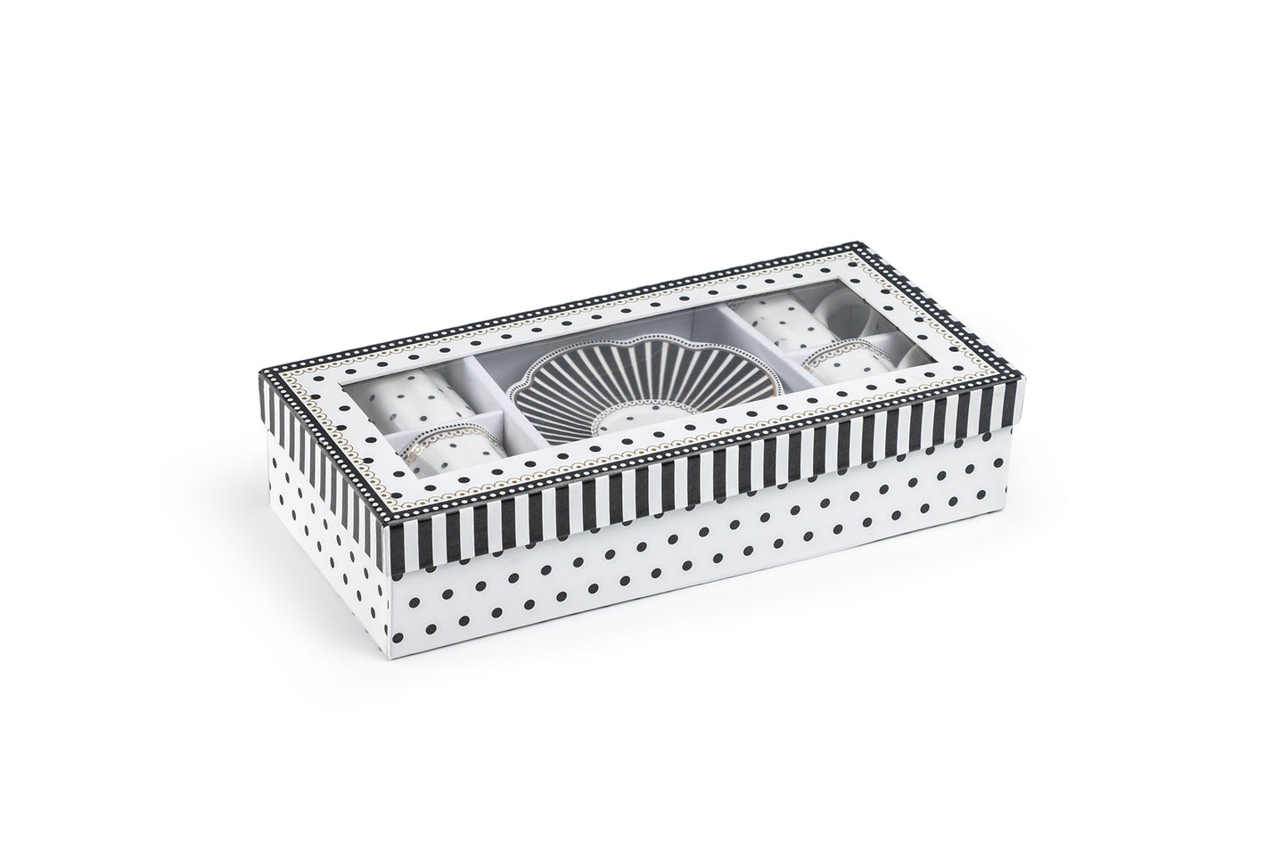 Black Josephine Stripes and Dots 2oz Demitasse Cups and Saucers with Gift Box