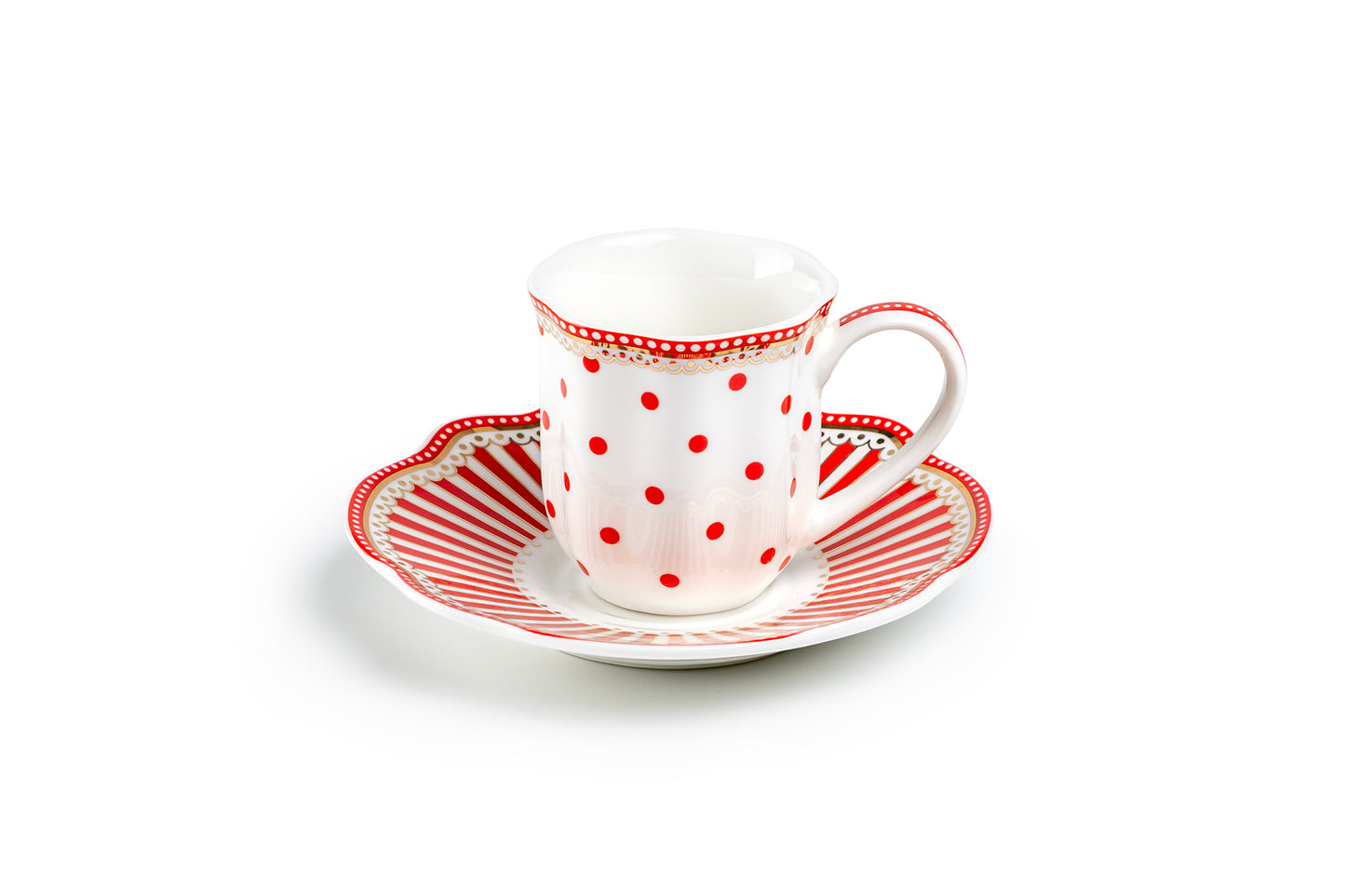 Red Josephine Stripes and Dots 2oz Demitasse Cups and Saucers with Gift Box