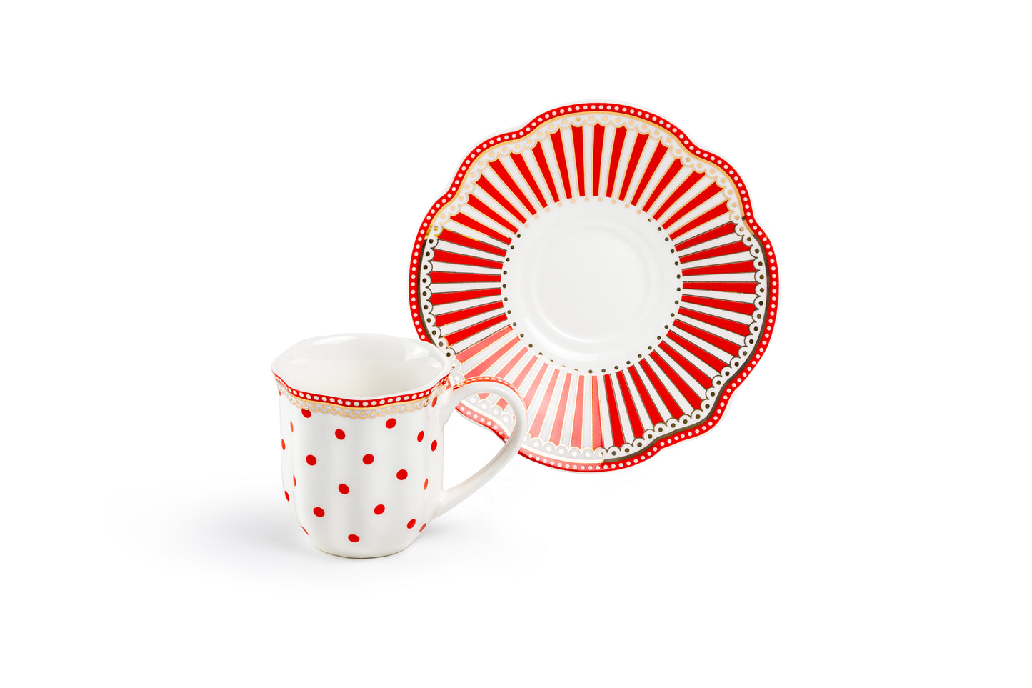 Red Josephine Stripes and Dots 2oz Demitasse Cups and Saucers with Gift Box