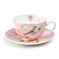 Spring Flowers with Bird Pink Fine Porcelain Latte Cup and Saucer