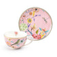 Spring Flowers with Bird Pink Fine Porcelain Latte Cup and Saucer