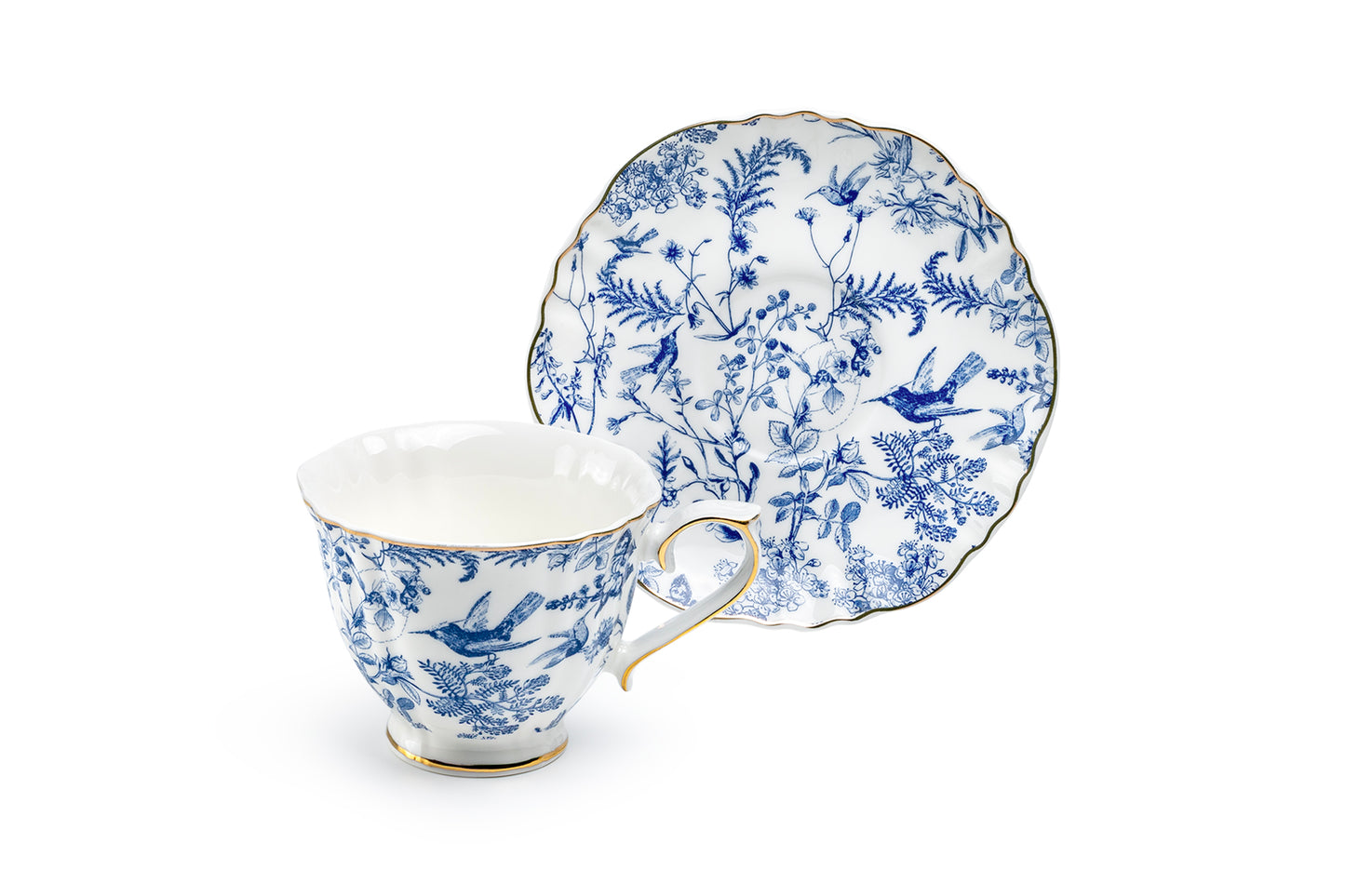 Blue Bird Toile Fine Porcelain Tea Cup and Saucer