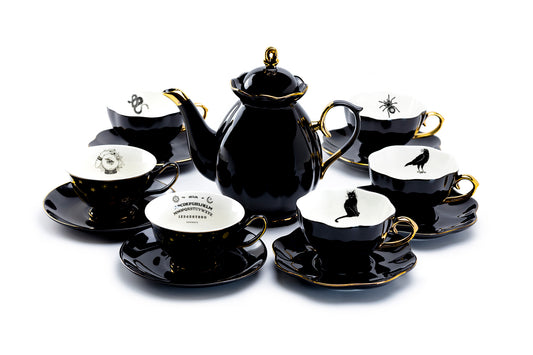 Black Gold Scallop Teapot + 6 Assorted Halloween Tea Cup and Saucer Sets - Ver. B