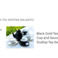 Black Gold Scallop Teapot + 4 Assorted Halloween Tea Cup and Saucer Sets - Arsenic Skull & Spider