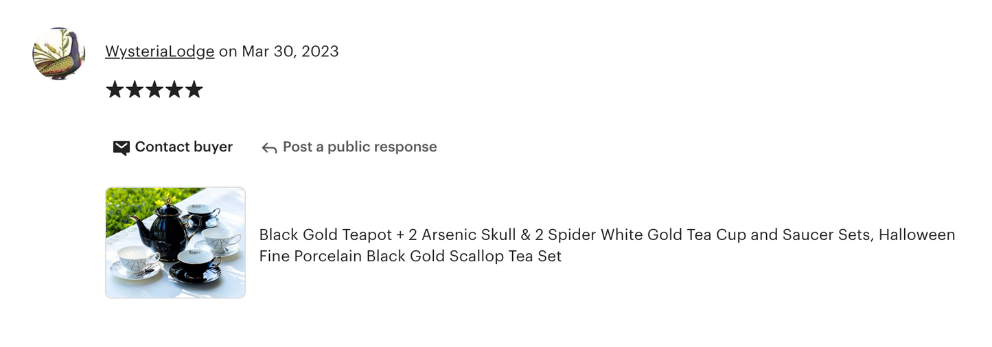 Black Gold Scallop Teapot + 4 Assorted Halloween Tea Cup and Saucer Sets - Arsenic Skull & Spider