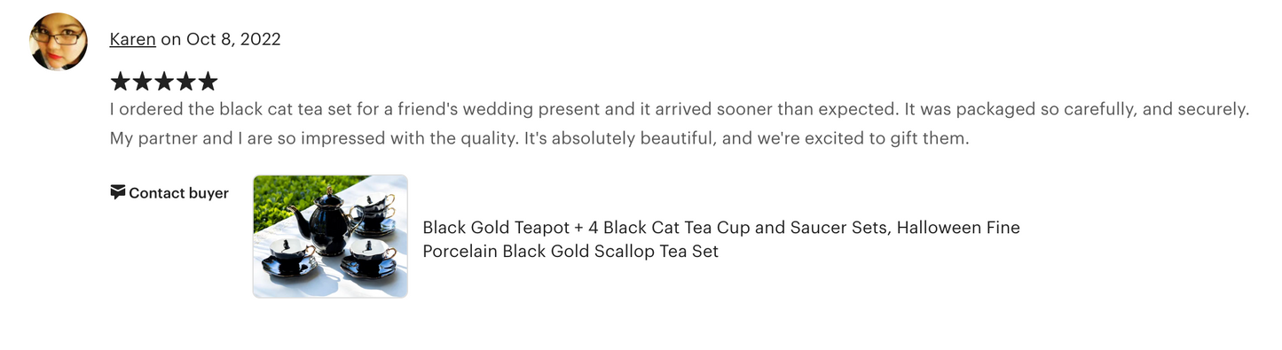 Black Gold Scallop Teapot + 4 Black Cat Tea Cup and Saucer Sets