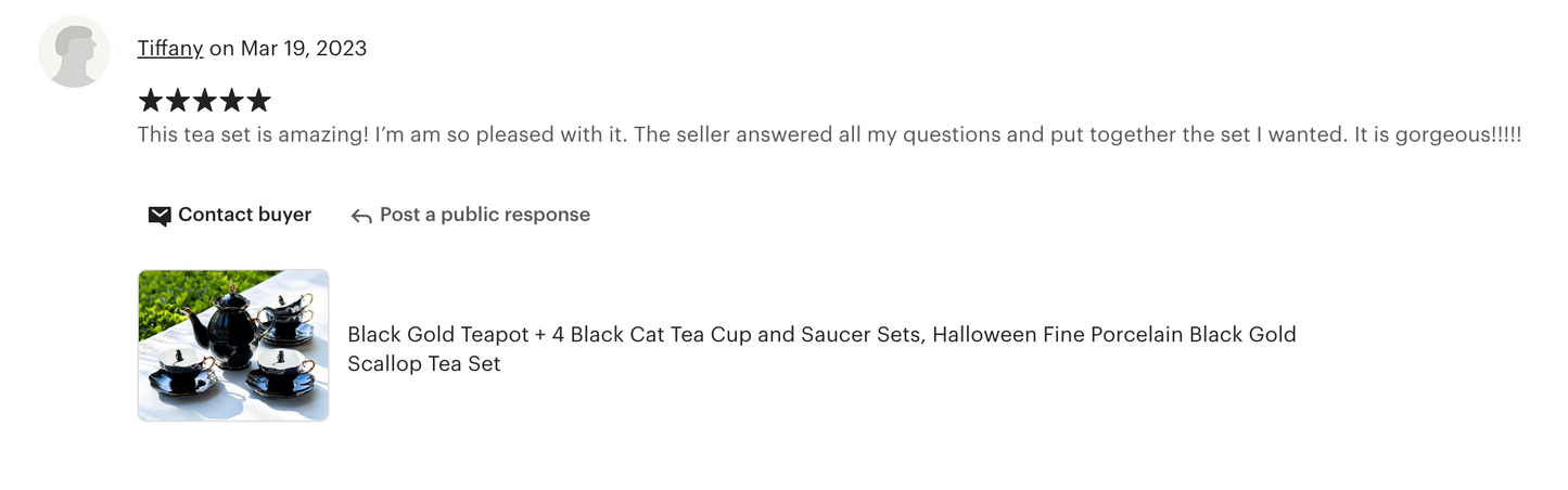 Black Gold Scallop Teapot + 4 Black Cat Tea Cup and Saucer Sets