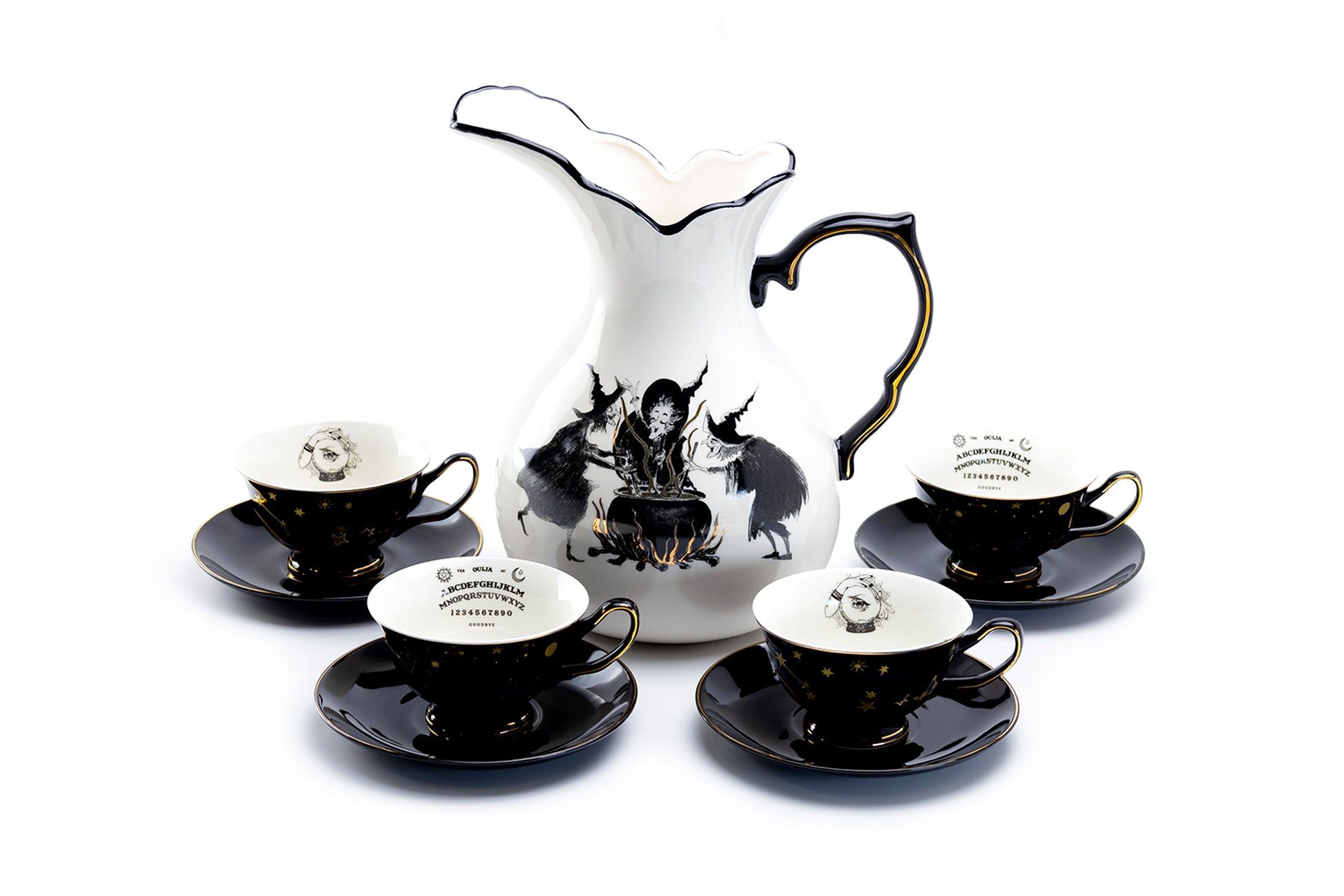 Potter's Studio Witches Brew Pitcher + 4 Assorted Halloween Tea Cup and Saucer Sets - Ouija & Witchy Crystal Ball