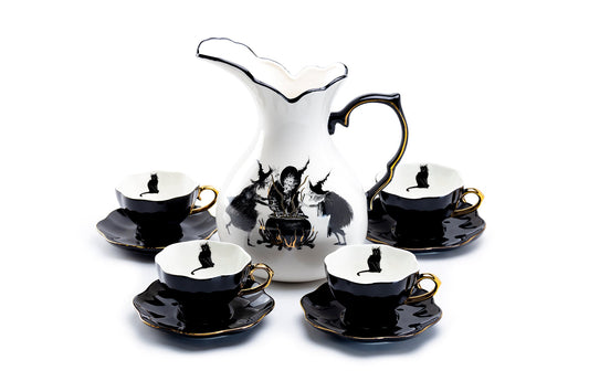 Potter's Studio Witches Brew Pitcher + 4 Black Cat Halloween Tea Cup and Saucer Sets