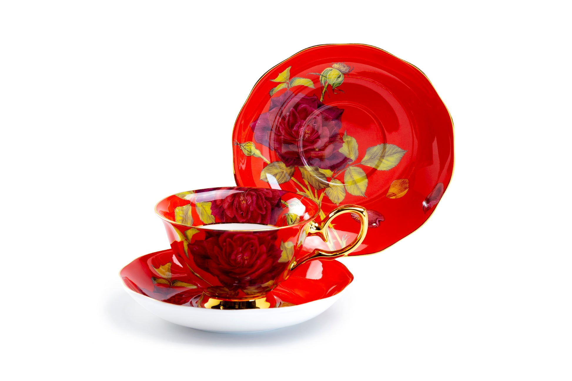 Stechcol Gracie Bone China Gold Red Stem Rose Bone China Tea Cup and Saucer Set