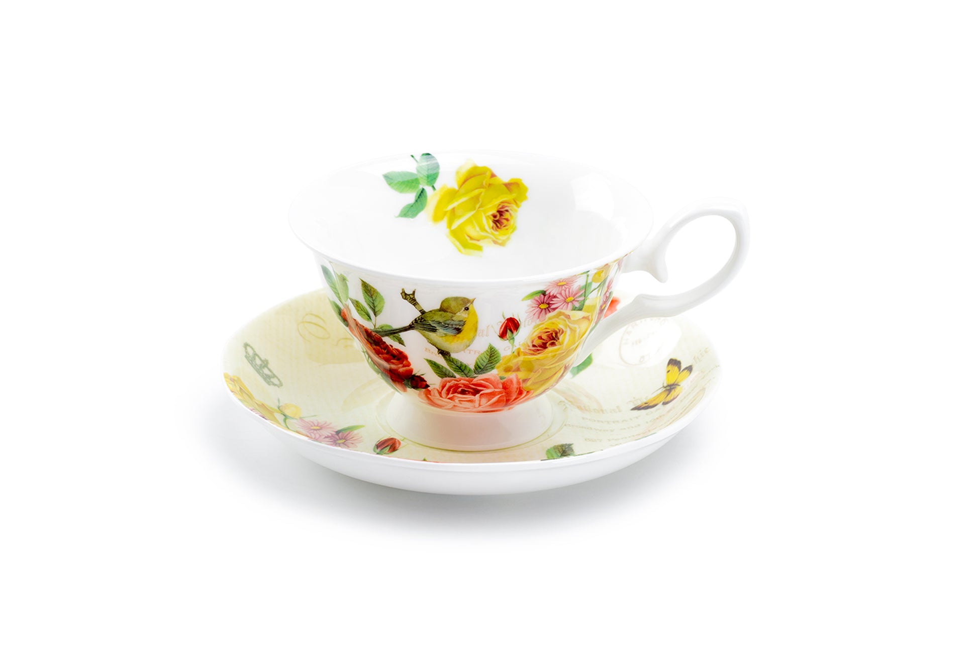 Stechcol Gracie Bone China Yellow Rose Garden Bone China Tea Cup and Saucer