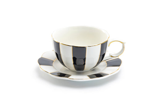 Grace Teaware Black and White Scallop Fine Porcelain Tea Cup and Saucer Set