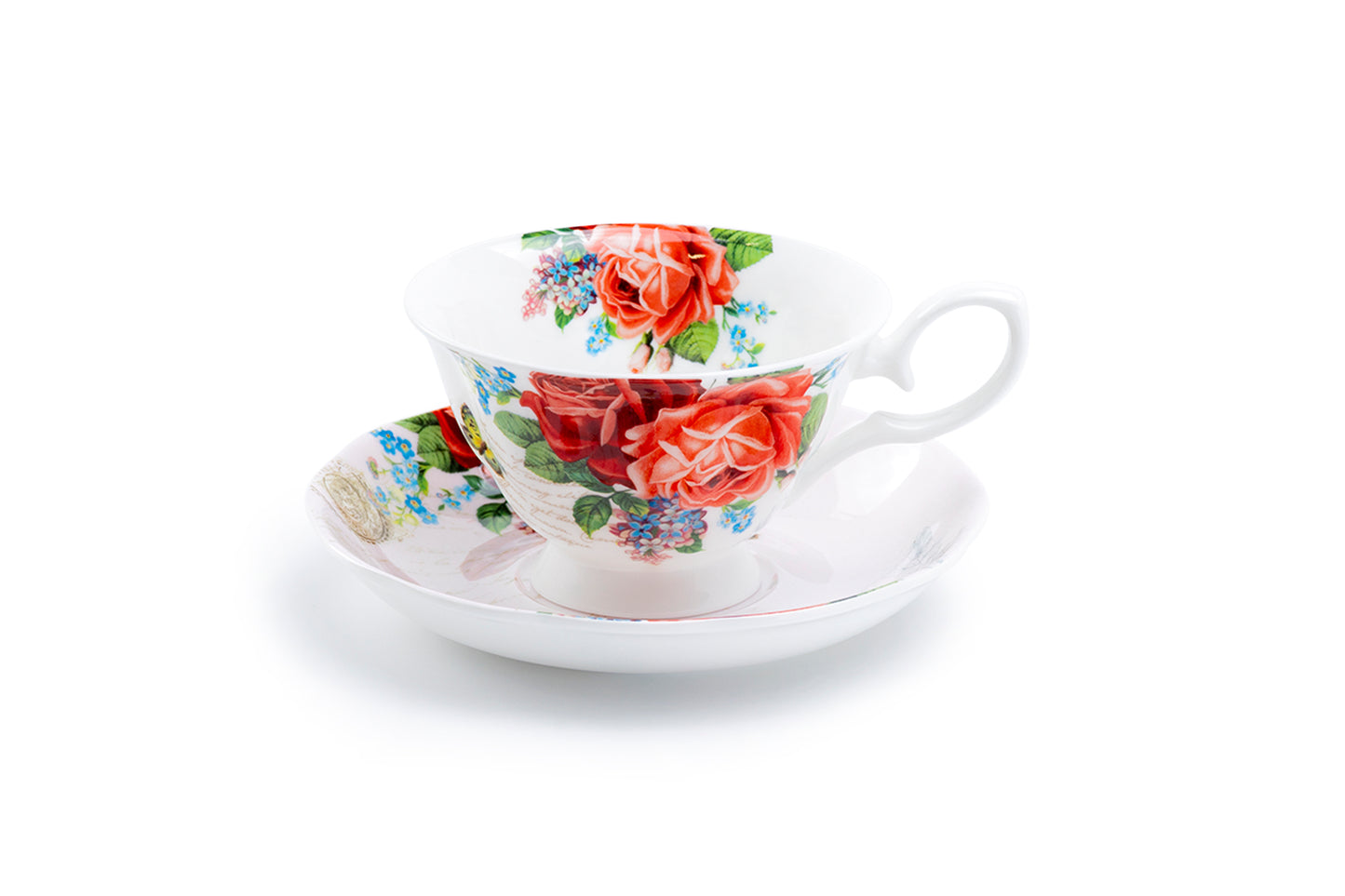 Stechcol Gracie Bone China Red Rose Garden Bone China Tea Cup and Saucer