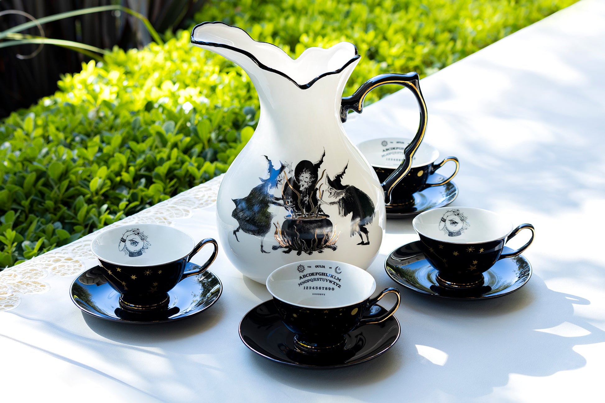 Witches Brew Pitcher + 4 Assorted Halloween Tea Cup and Saucer Sets - Ouija & Witchy Crystal Ball