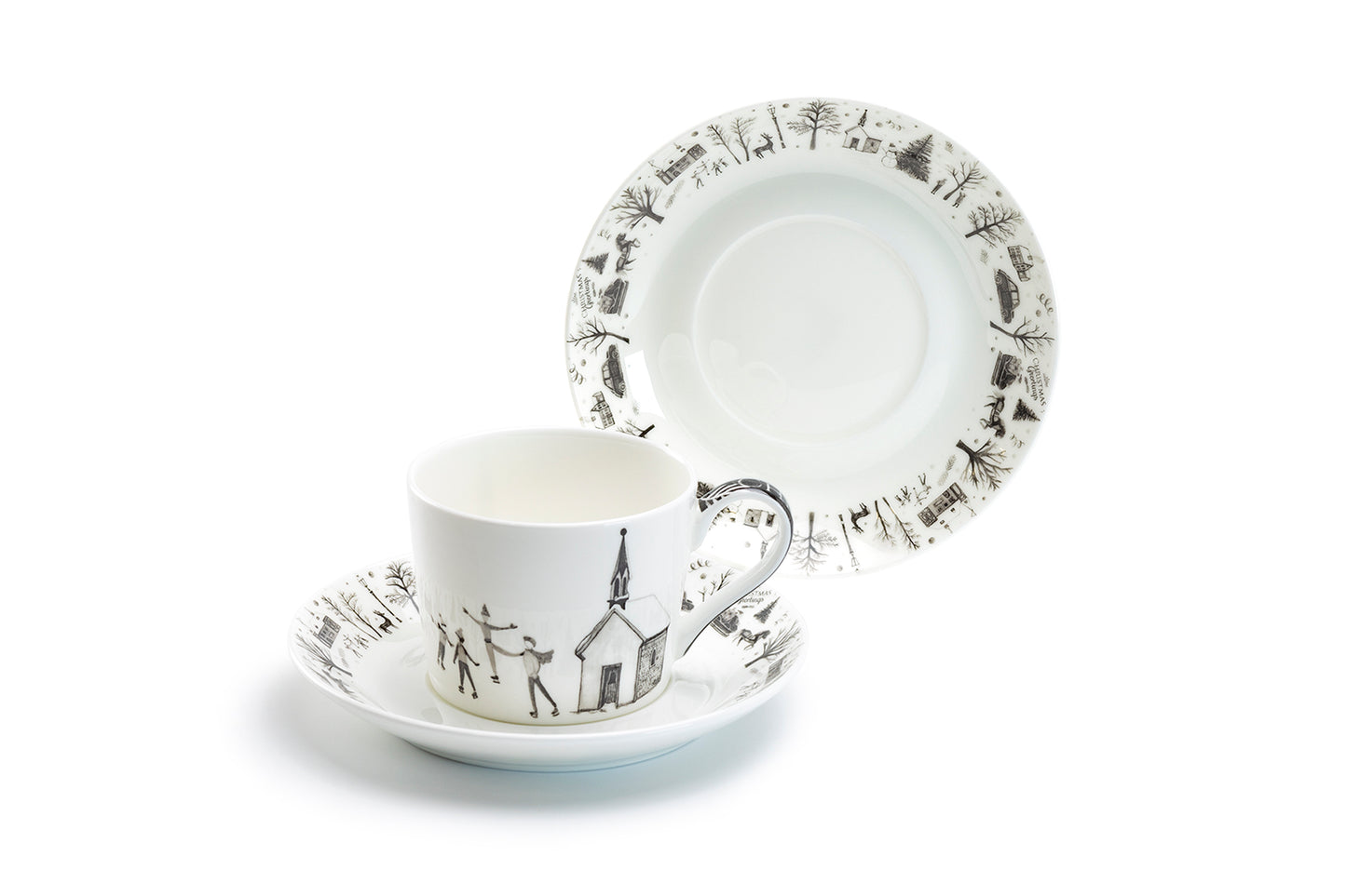 Stechcol Gracie Bone China Wonderland Holiday Ski Village Bone China Tea Cup and Saucer Set