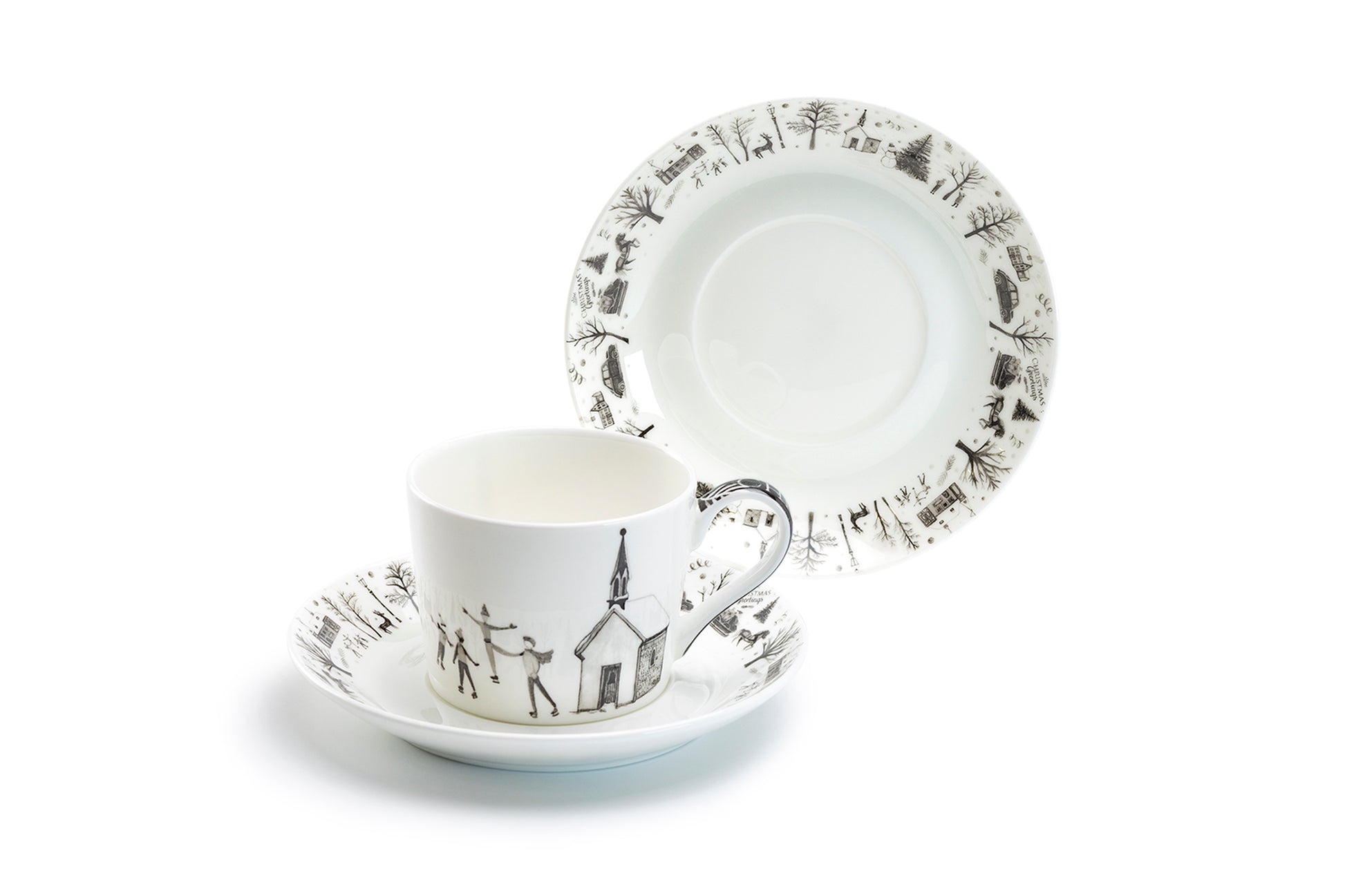 Stechcol Gracie Bone China Wonderland Holiday Ski Village Bone China Tea Cup and Saucer Set