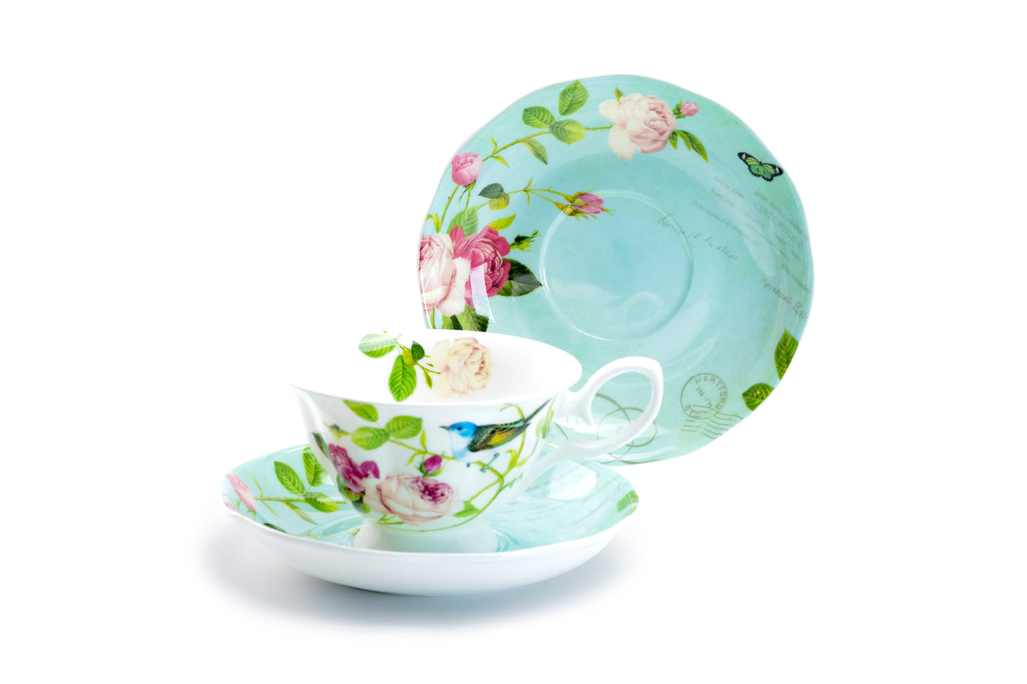 7.5" Blue Jay Pink Rose Garden Bone China Dessert Plate