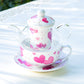 Grace Teaware Pink Hearts Glass Fine Porcelain Teapot Tea cup and saucer