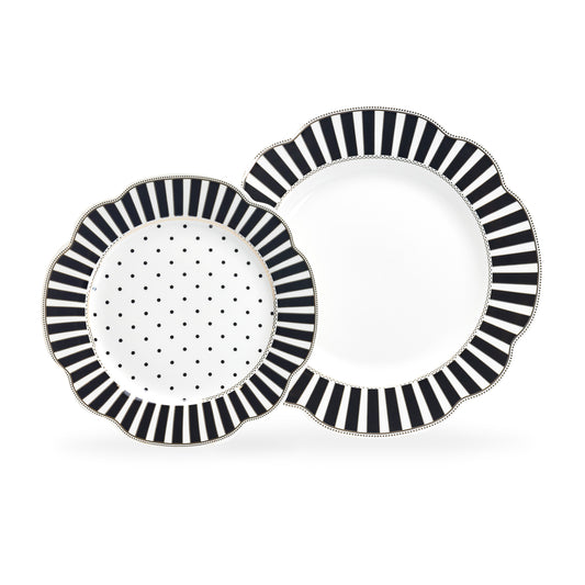Grace Teaware Black Josephine Stripes and Dots Fine Porcelain Dessert / Dinner Plate