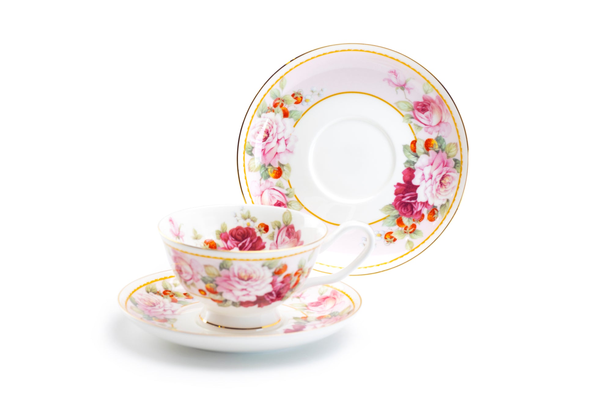 Stechcol Gracie Bone China Peony and Strawberry Pink Bone China Tea Cup and Saucer set