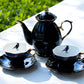 Black Gold Scallop Teapot + Raven Tea Cup and Saucer Sets