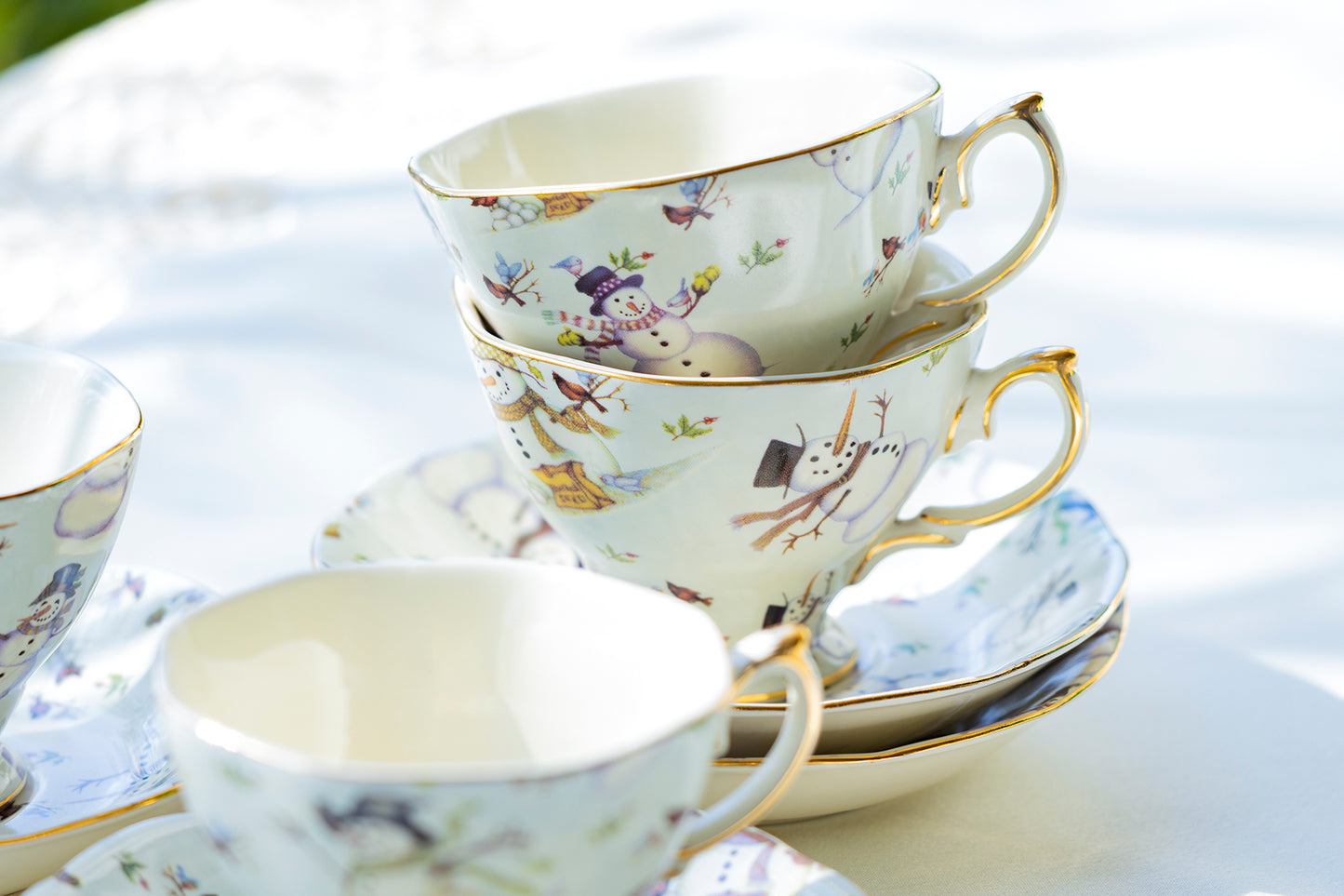Holiday Christmas Snowman Fine Porcelain Tea Cup and Saucer