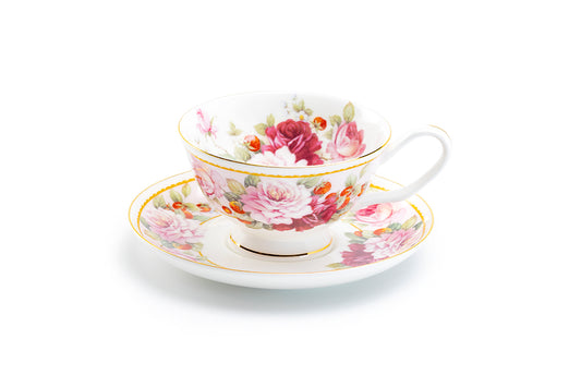 Stechcol Gracie Bone China Peony and Strawberry Pink Bone China Tea Cup and Saucer