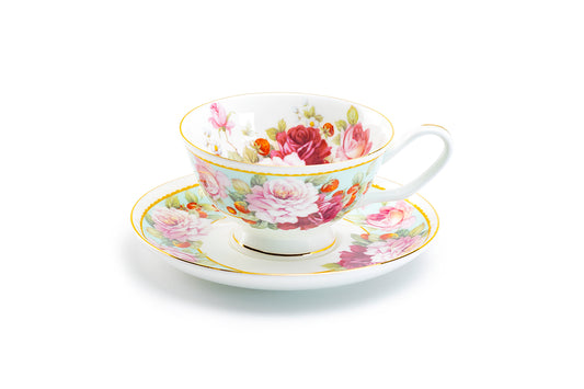 Stechcol Gracie Bone China Peony and Strawberry Mint Bone China Tea Cup and Saucer