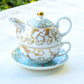 Grace Teaware Mint Blue Gold Scroll Fine Porcelain Tea For One Set