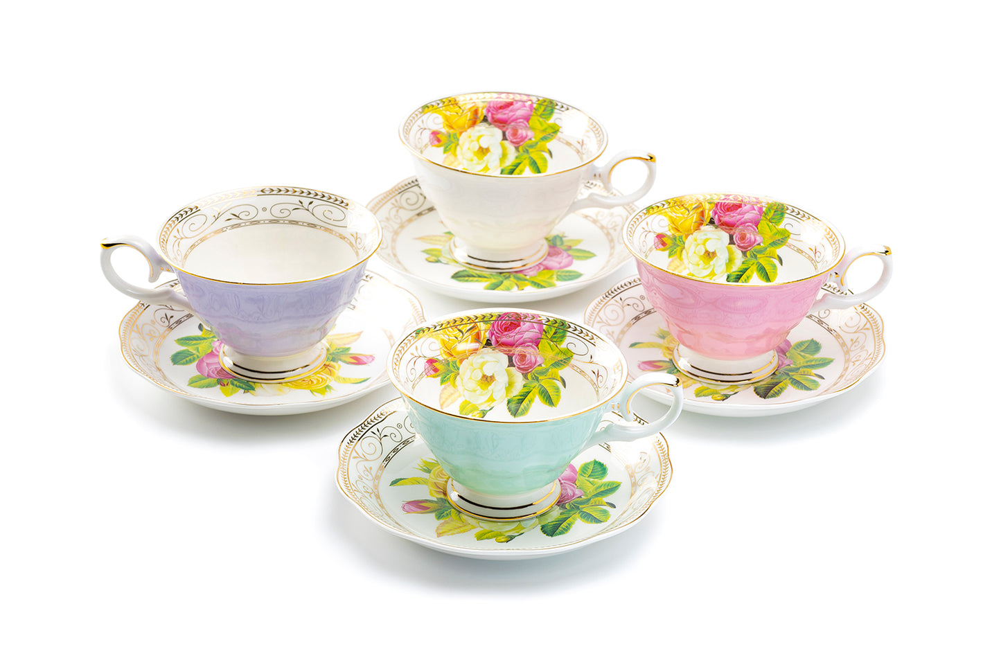 Rose Bouquet Assorted Colors Fine Porcelain Tea Cup and Saucer Set of 4