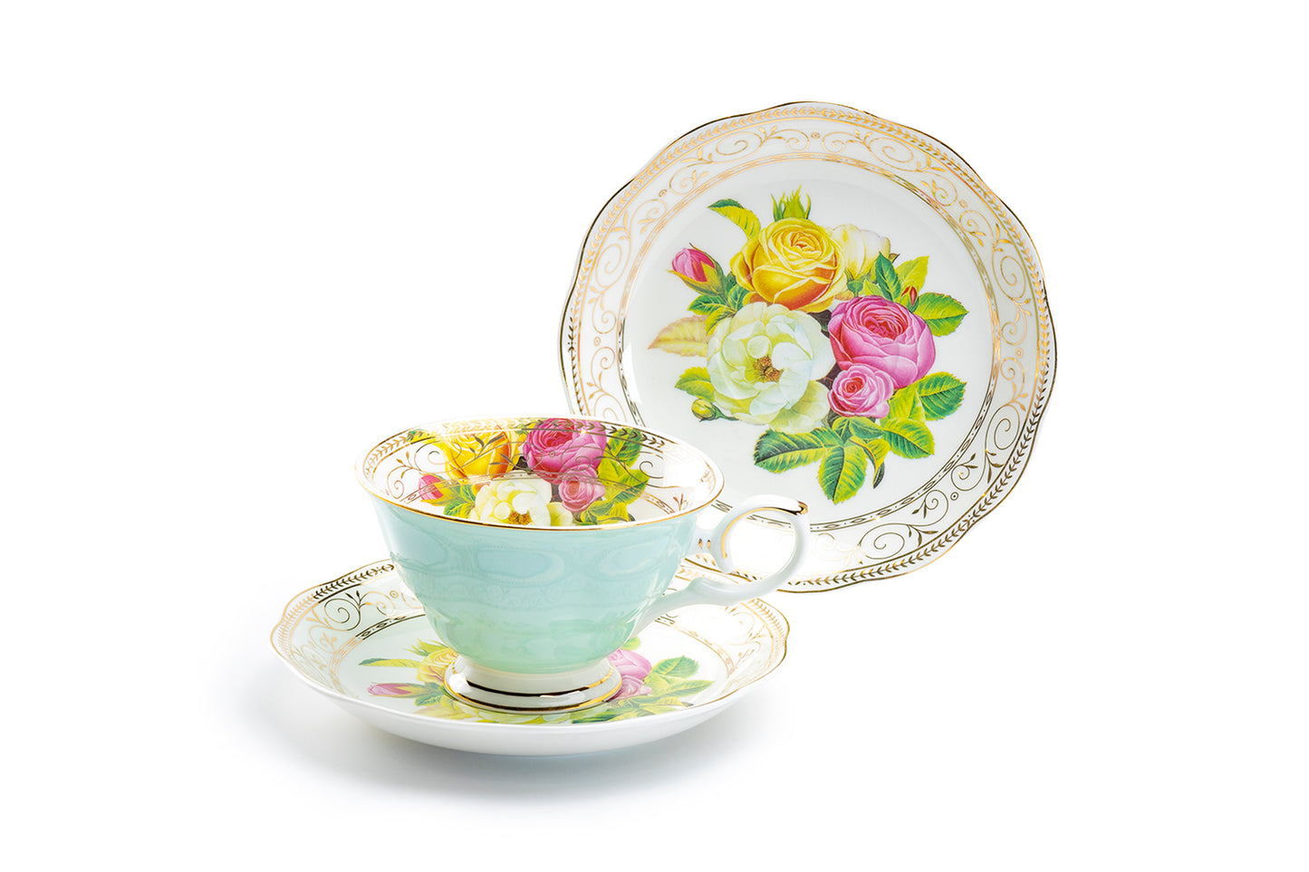 Rose Bouquet Assorted Colors Fine Porcelain Tea Cup and Saucer Set of 4