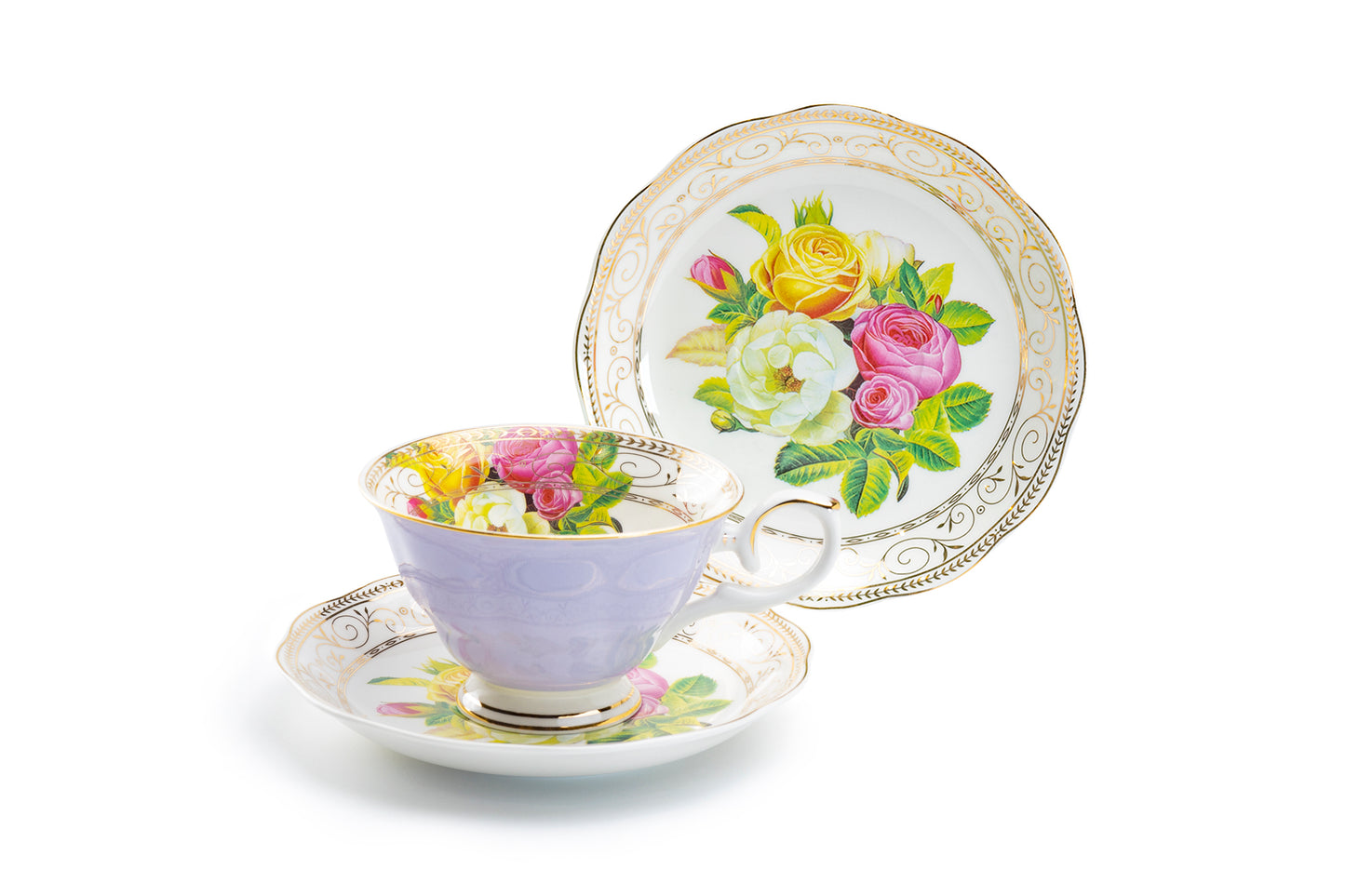 Rose Bouquet Assorted Colors Fine Porcelain Tea Cup and Saucer Set of 4