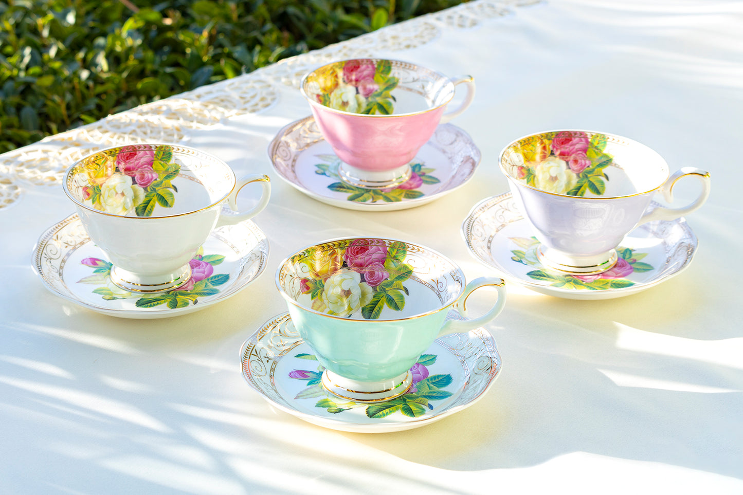Rose Bouquet Assorted Colors Fine Porcelain Tea Cup and Saucer Set of 4