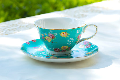 Turquoise Shabby Rose Fine Porcelain Tea Cup and Saucer