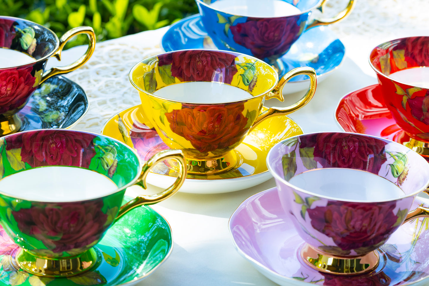 Gold Pink Stem Rose Bone China Tea Cup and Saucer