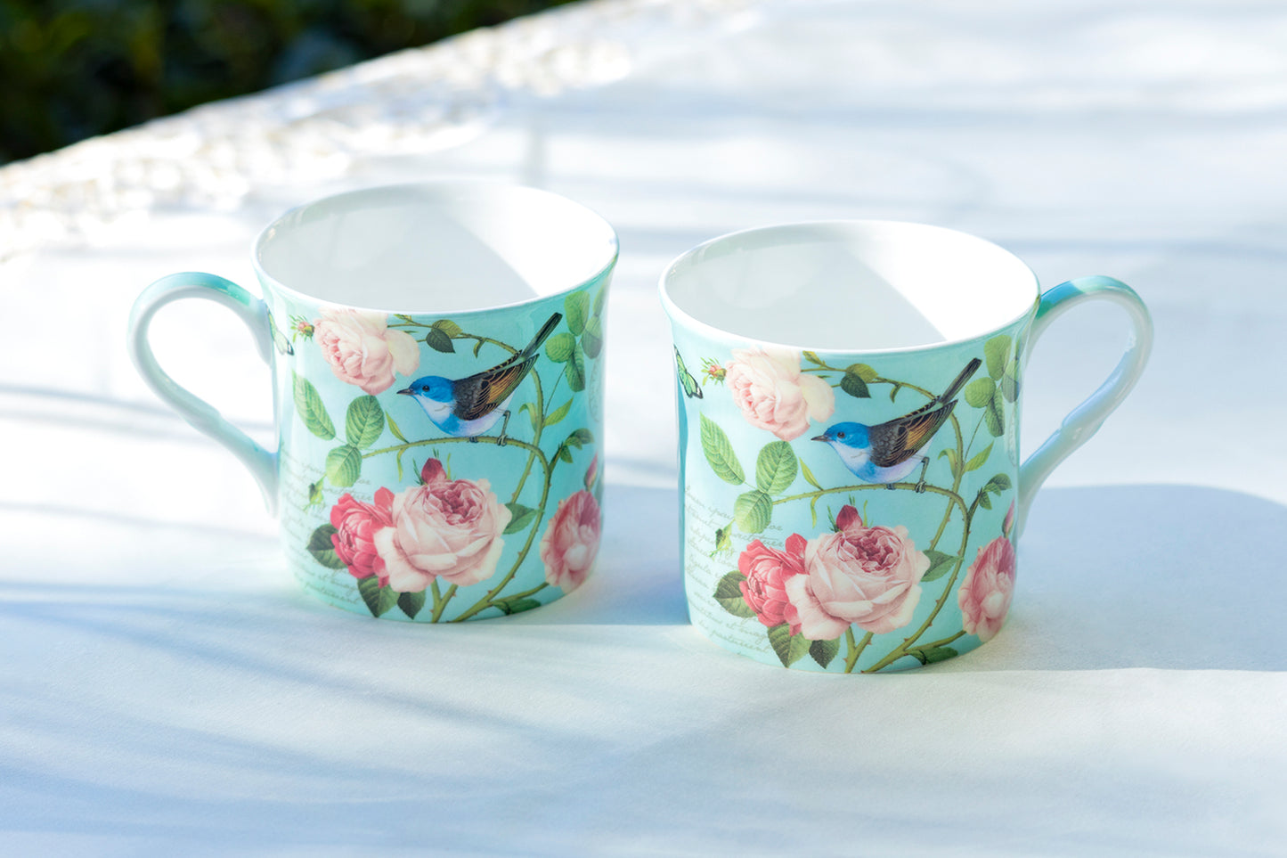 Gracie Bone China Blue Jay Pink Rose Mug