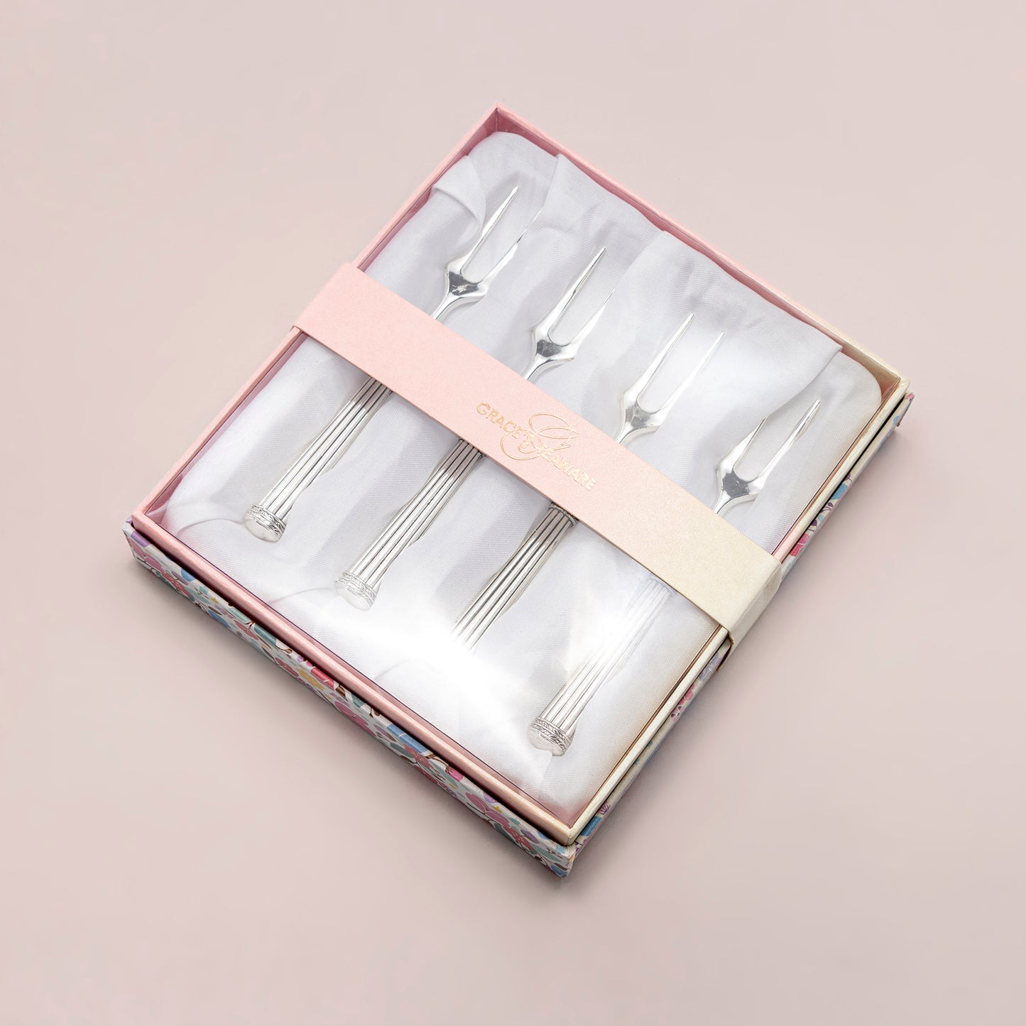 Silver Plated Serving Fork Set of 4 with Stripe Handle Design