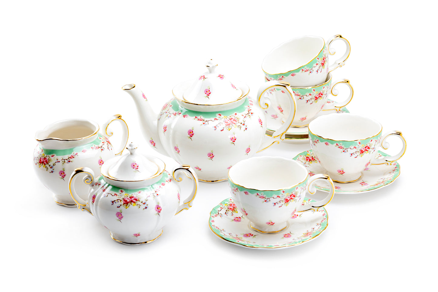 Grace Teaware Rose with Green Accent Fine Porcelain 11-Piece Tea Set