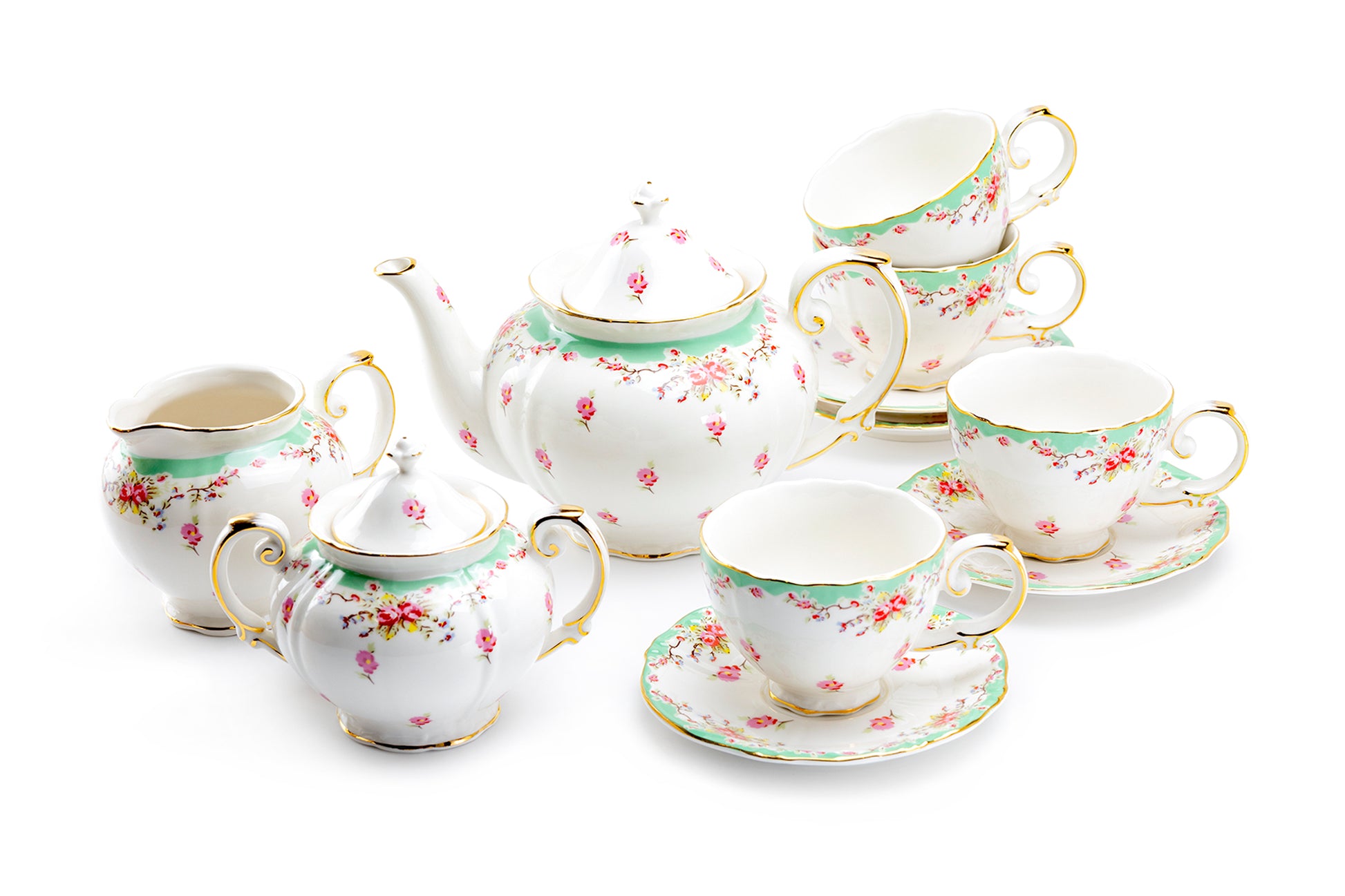 Grace Teaware Rose with Green Accent Fine Porcelain 11-Piece Tea Set