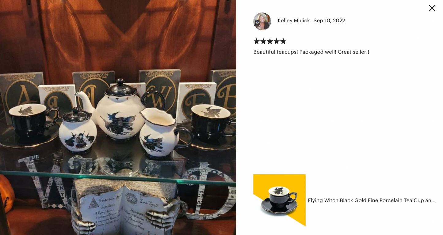 Flying Witch Black Gold Tea Cup and Saucer