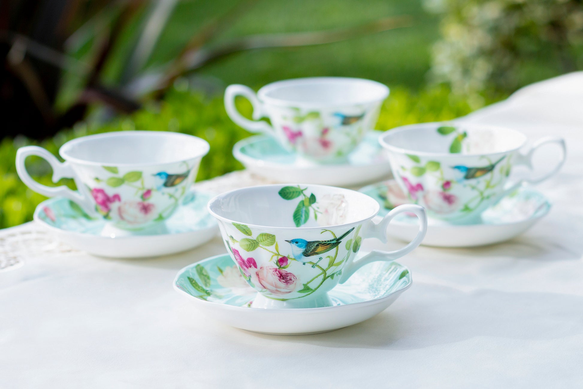 Gracie Bone China Blue Jay Pink Rose Bone China Tea Cup and Saucer Set of 4