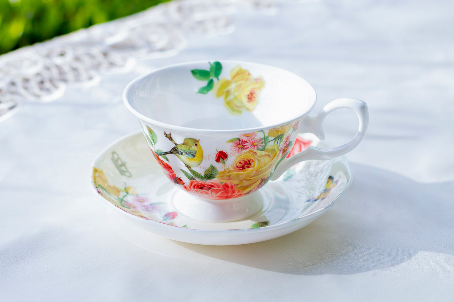 Gracie Bone China Yellow Rose Garden Bone China Tea Cup and Saucer